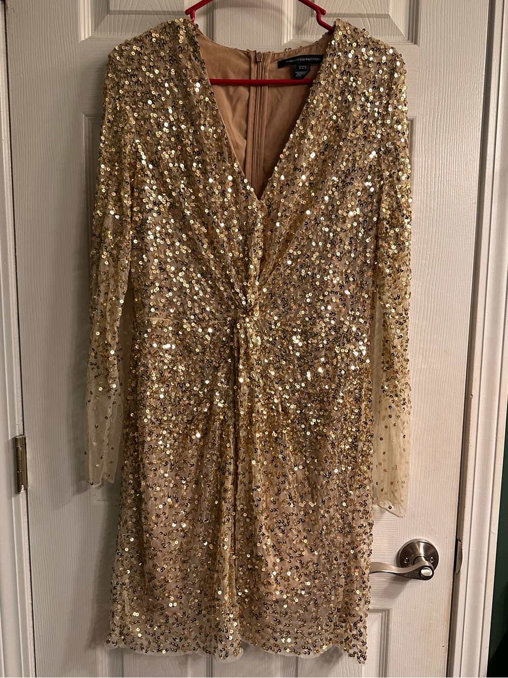 French Connection Gold Sequin Long Sleeve Twist-Front Dress